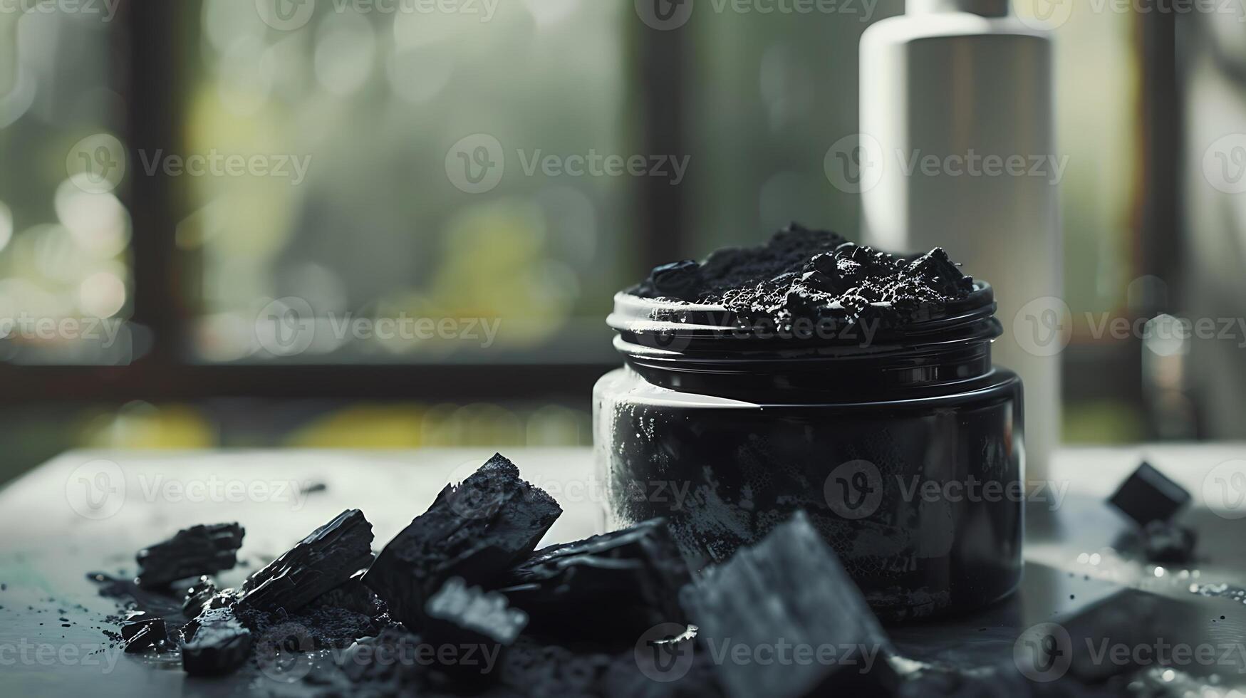 activated charcoal face wash container with charcoal pieces on a wooden table photo