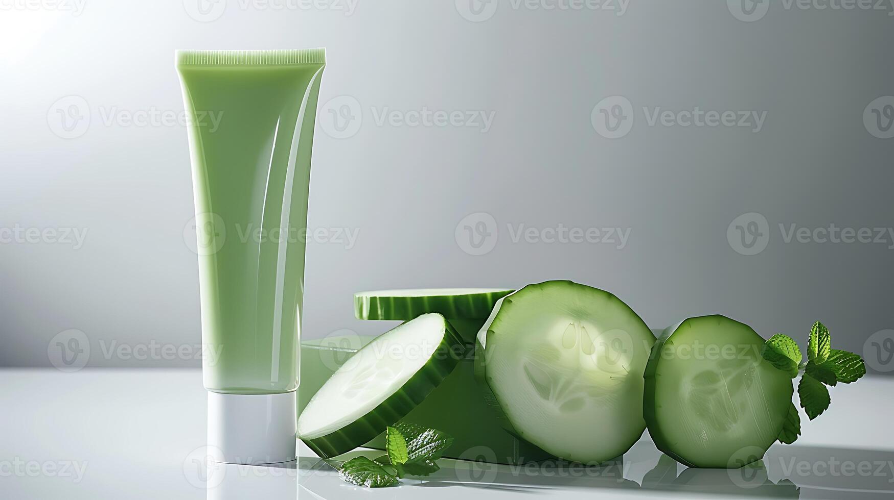 natural cucumber face lotion with fresh cucumber slices on a clean white background, skincare product for glowing skin photo