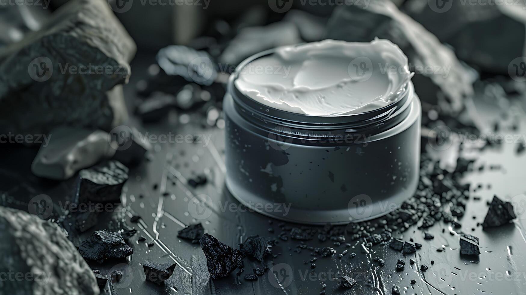 activated charcoal pieces adorn a table next to a container of charcoal body lotion photo