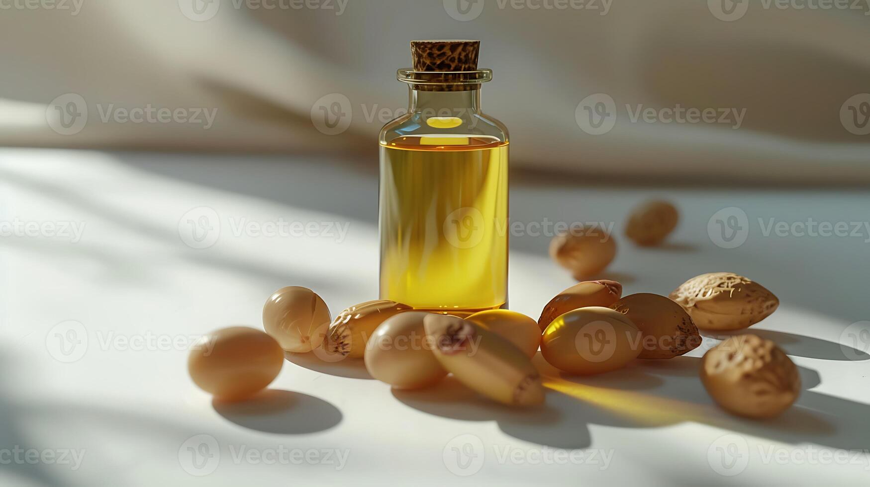 natural argan oil bottle with argan nuts on a clean white background for skincare and hair care routine. photo