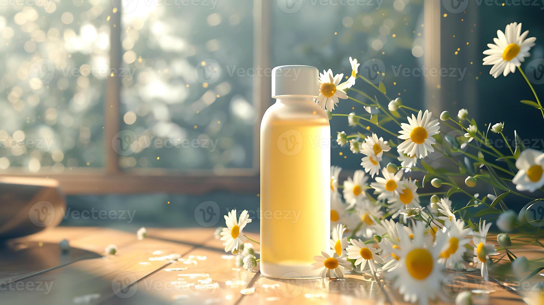 natural chamomile body butter displayed with fresh chamomile flowers on a wooden table photo