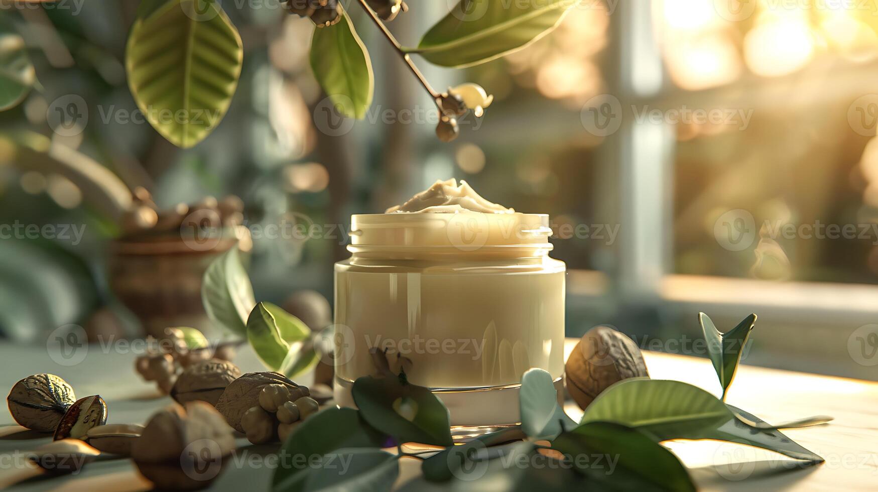 natural shea butter lotion jar with shea nuts and leaves on wooden table organic skincare beauty product concept photo
