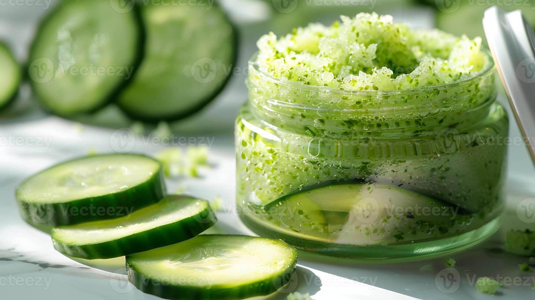 organic cucumber face scrub in a clear jar with cucumber slices on a white backdrop photo