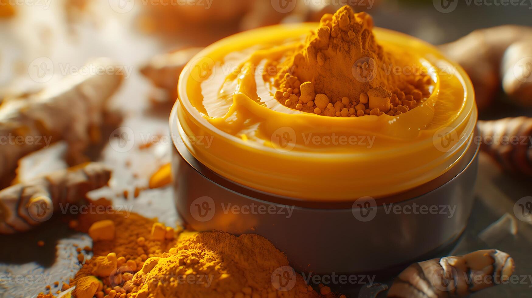 natural turmeric body cream in container with turmeric roots and powder on wooden table photo