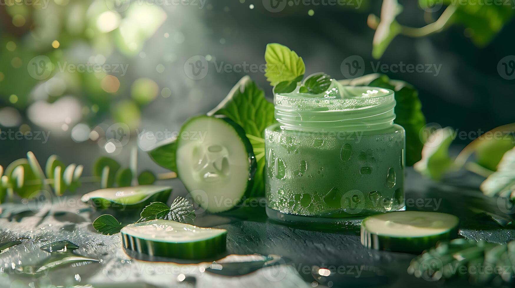 organic cucumber facial cleanser in a jar accompanied by fresh cucumber slices and leaves on a wooden table photo