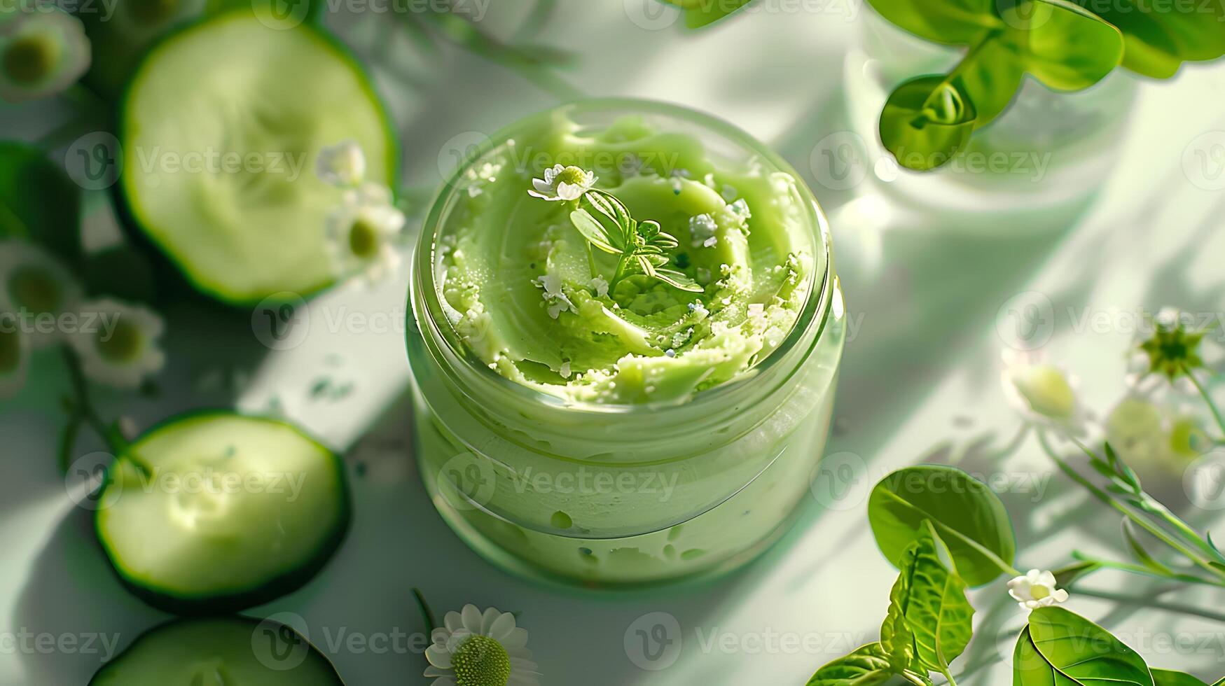 organic cucumber body butter in a jar with fresh cucumber slices and leaves on a wooden table photo