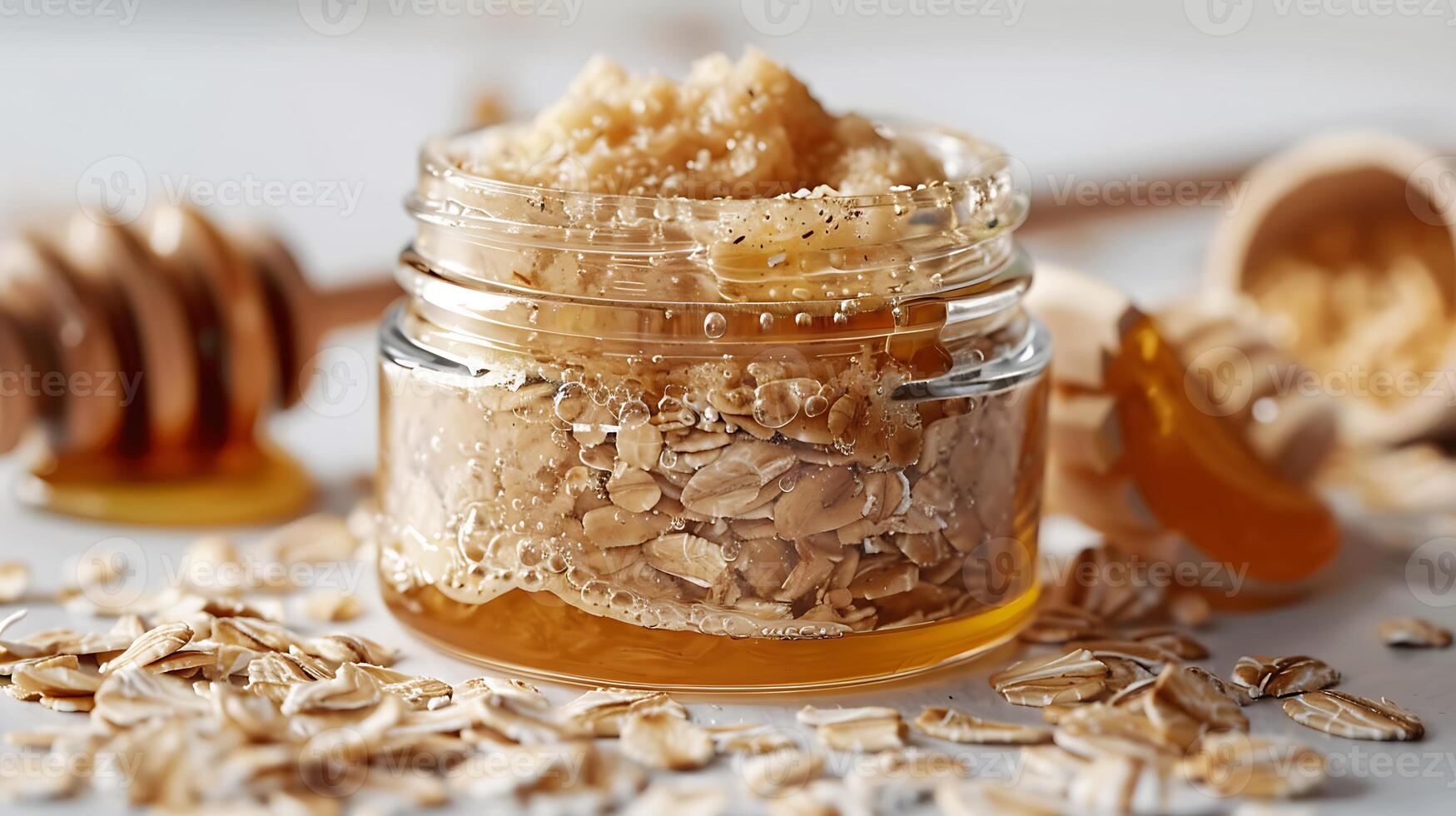 oatmeal face scrub in a jar with oats and honey on white background for smooth skin. photo