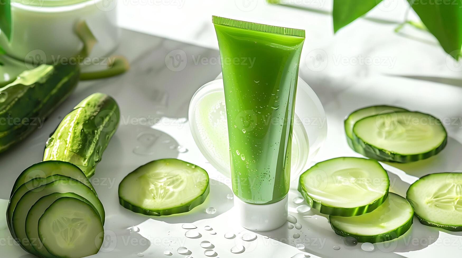 organic cucumber face scrub tube placed on a clean white surface surrounded by slices of fresh cucumber photo