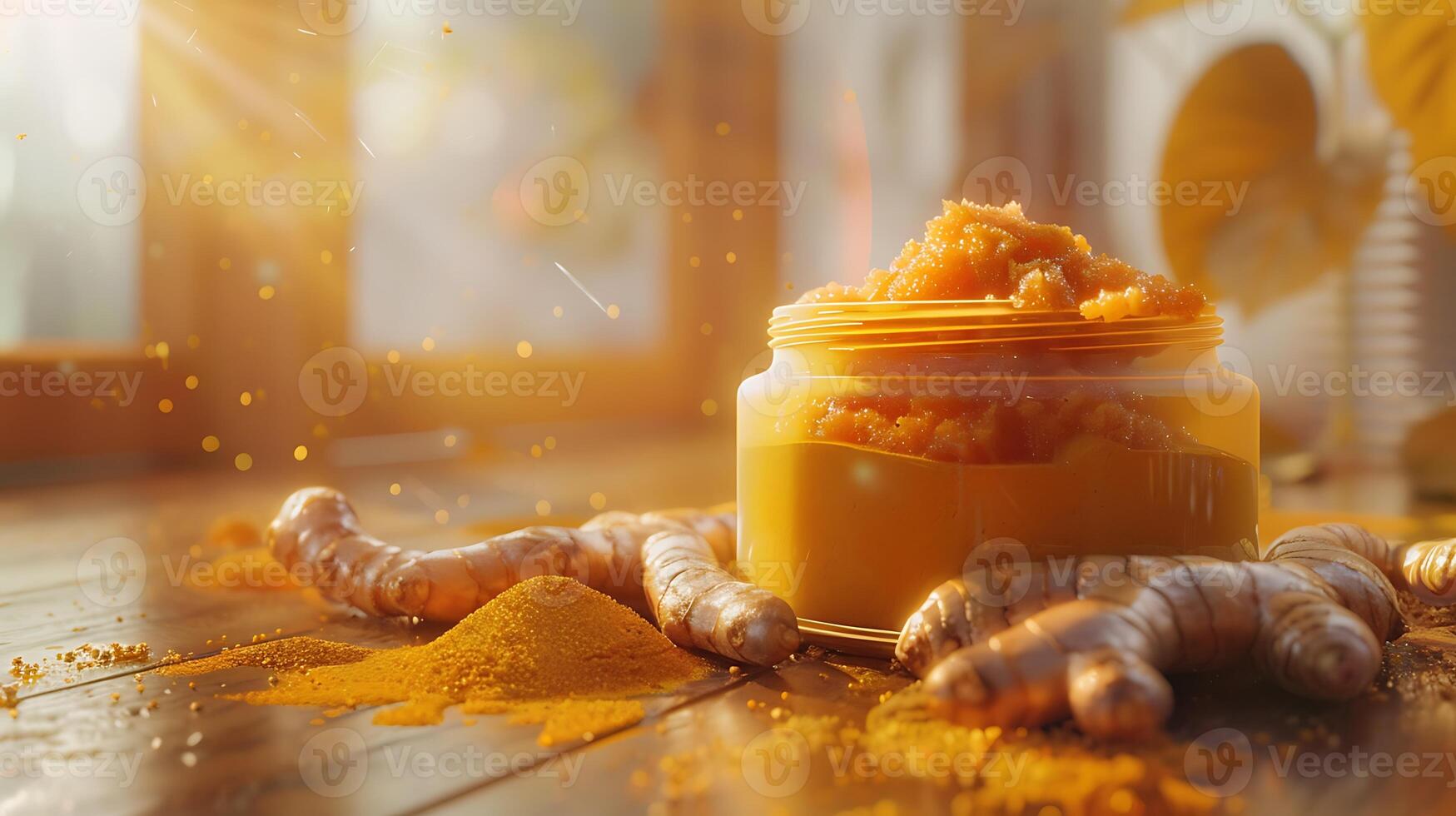 natural turmeric facial scrub container with roots and powder on wooden table organic turmeric skincare product display with ingredients photo