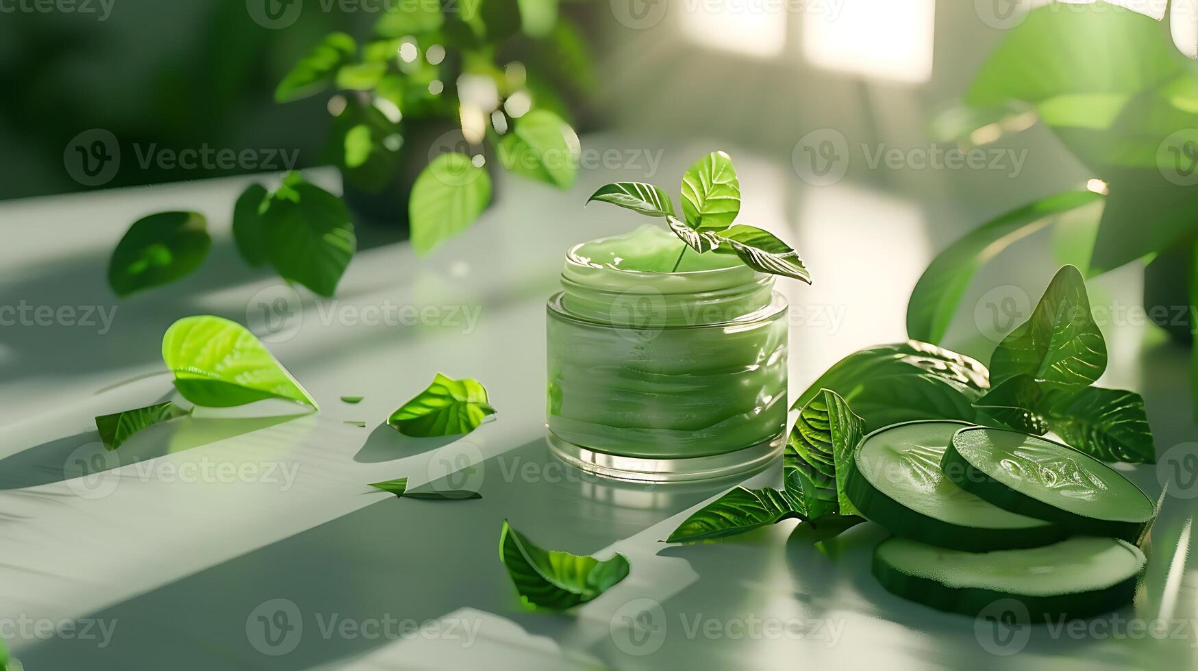 organic cucumber facial moisturizer in a glass jar with refreshing cucumber slices and leaves on a wooden table photo