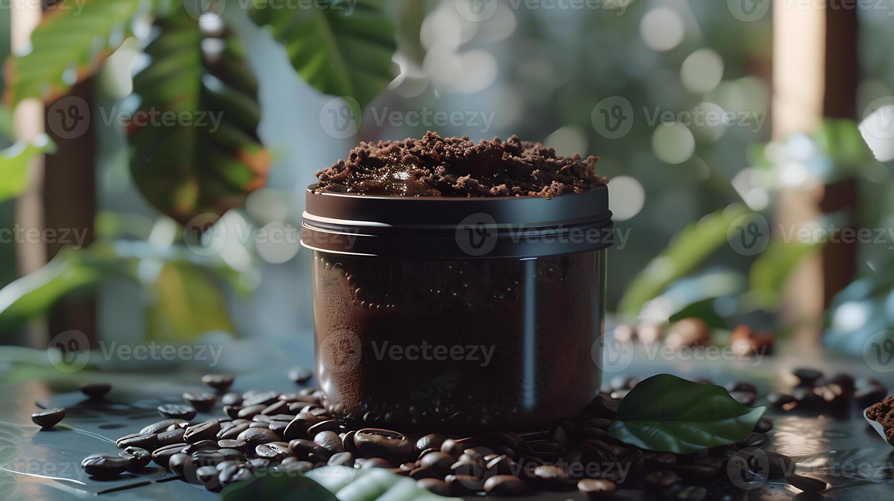 organic coffee body scrub in container surrounded by coffee beans and grounds on wooden table photo