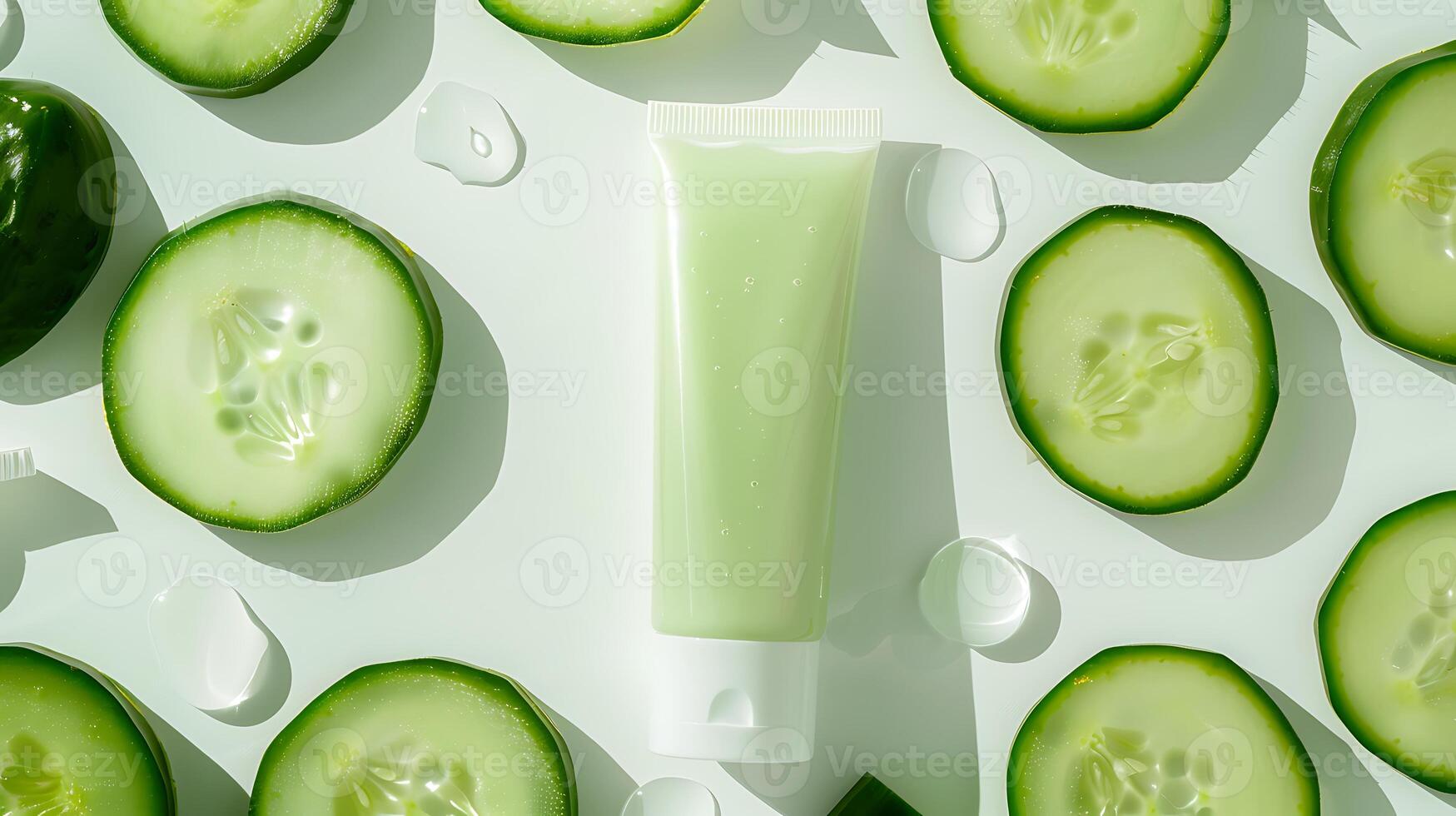 organic cucumber face lotion with fresh cucumber slices on a white background photo