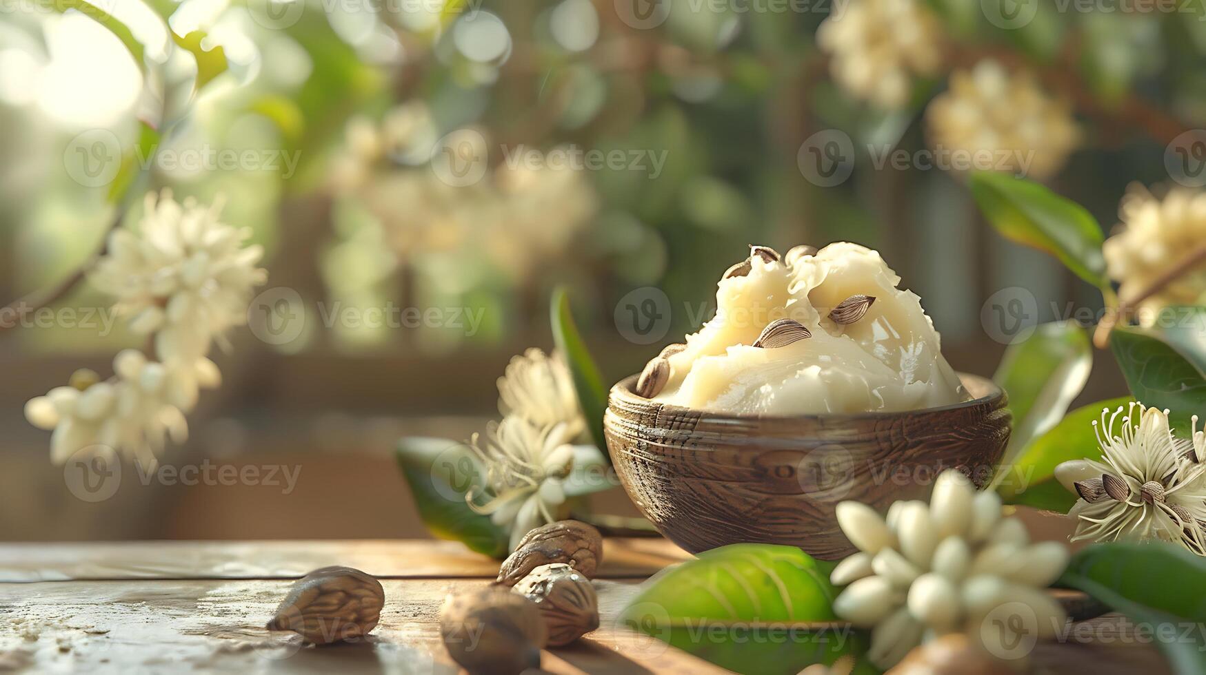 natural shea butter tub displayed on a rustic wooden surface with shea nuts and leaves for skincare and beauty enthusiasts photo