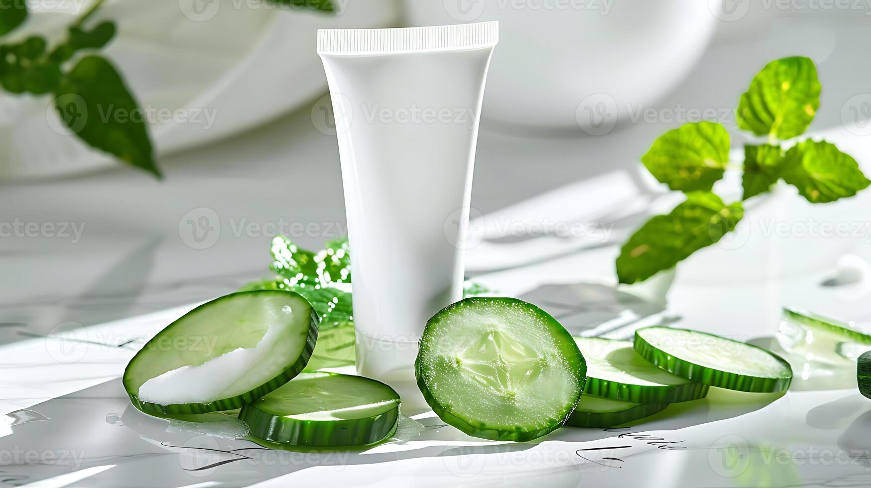 organic cucumber face mask tube with refreshing cucumber slices on a clean white background photo
