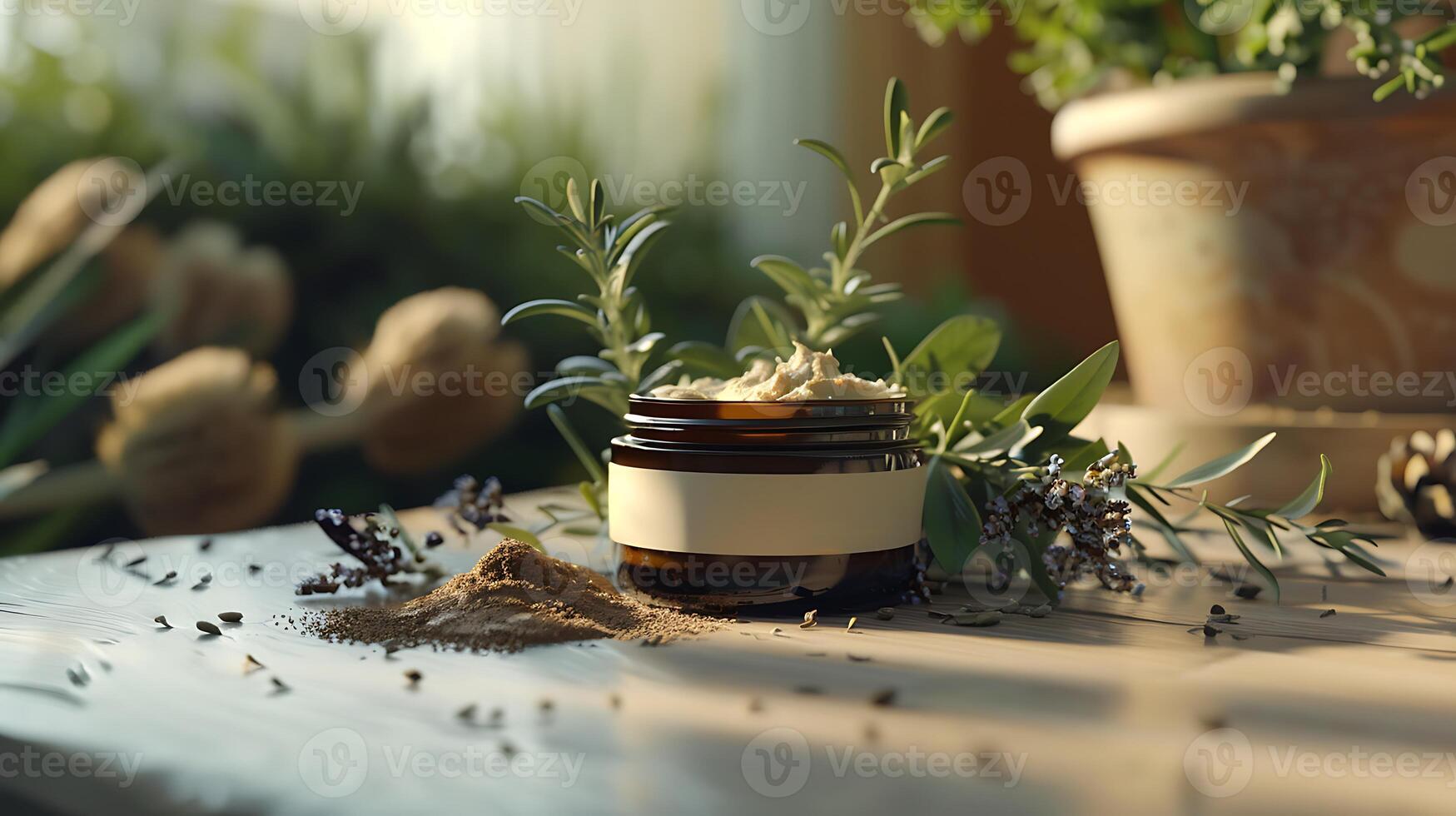 organic clay facial moisturizer with natural herbs and chunks of clay in a jar on a wooden table. photo