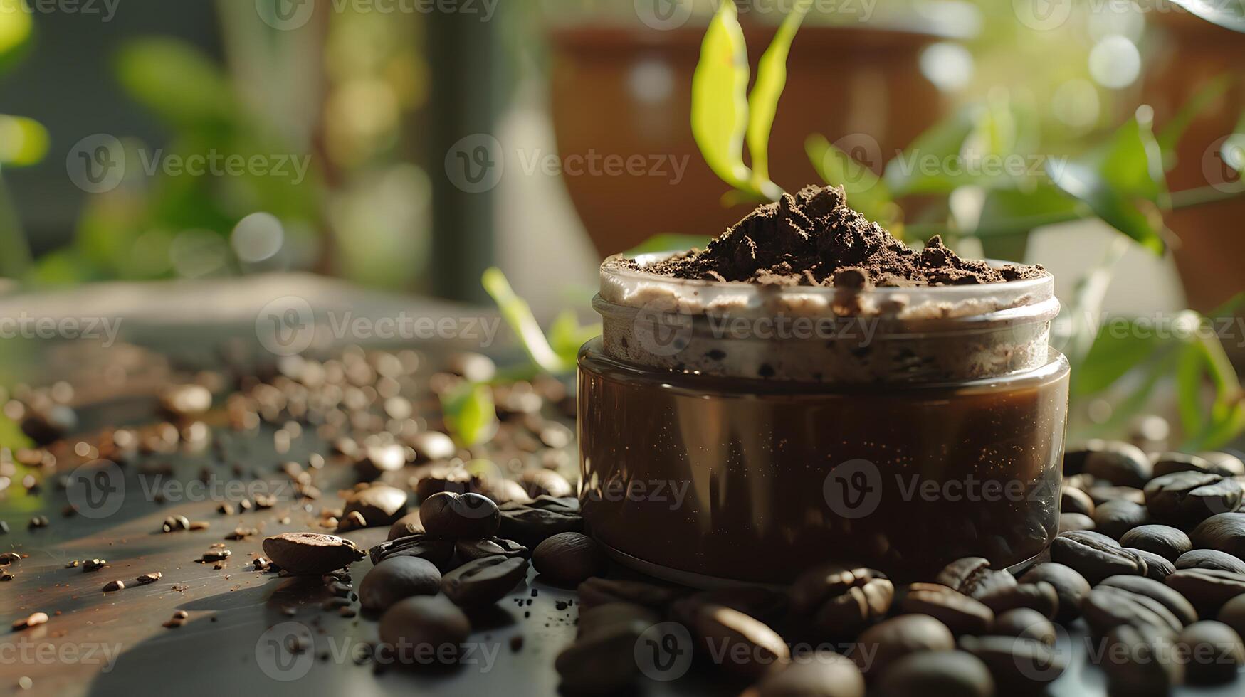 organic coffee body scrub container displayed on a rustic table with aromatic coffee beans and grounds photo