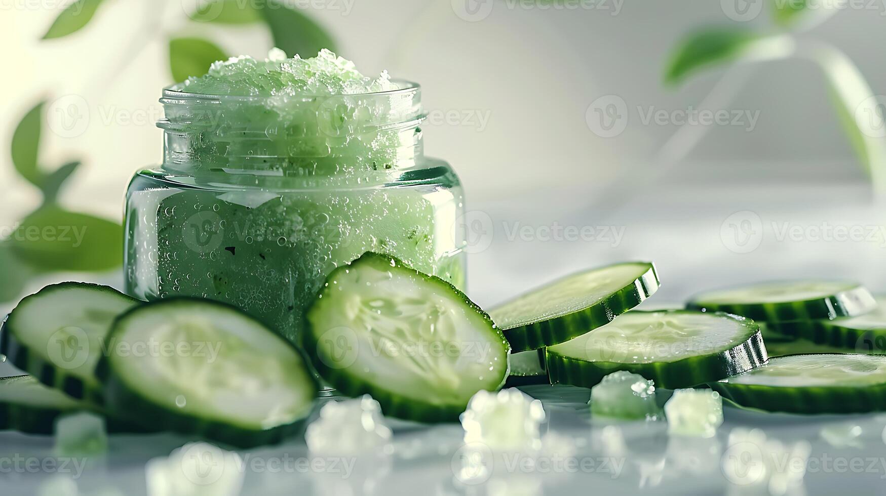 organic cucumber face scrub in a glass jar, presented on a clean white backdrop alongside slices of fresh cucumber. photo