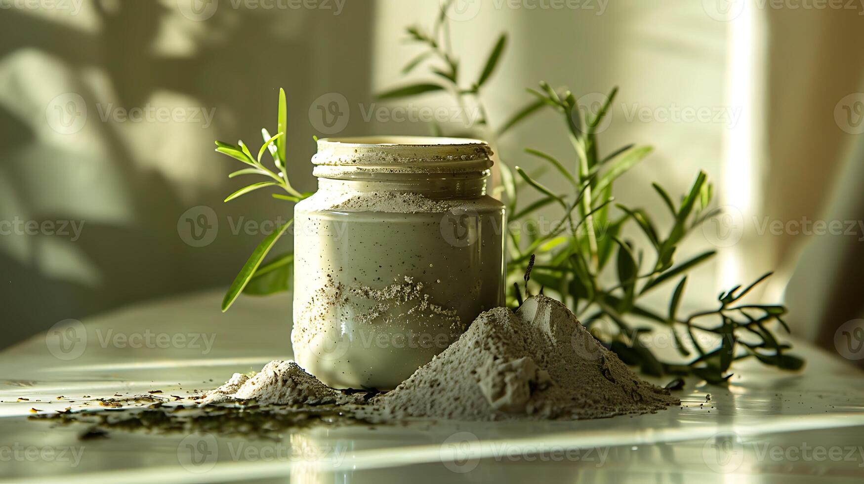 organic clay face wash in a jar surrounded by natural clay chunks and botanical herbs on a rustic wooden table photo