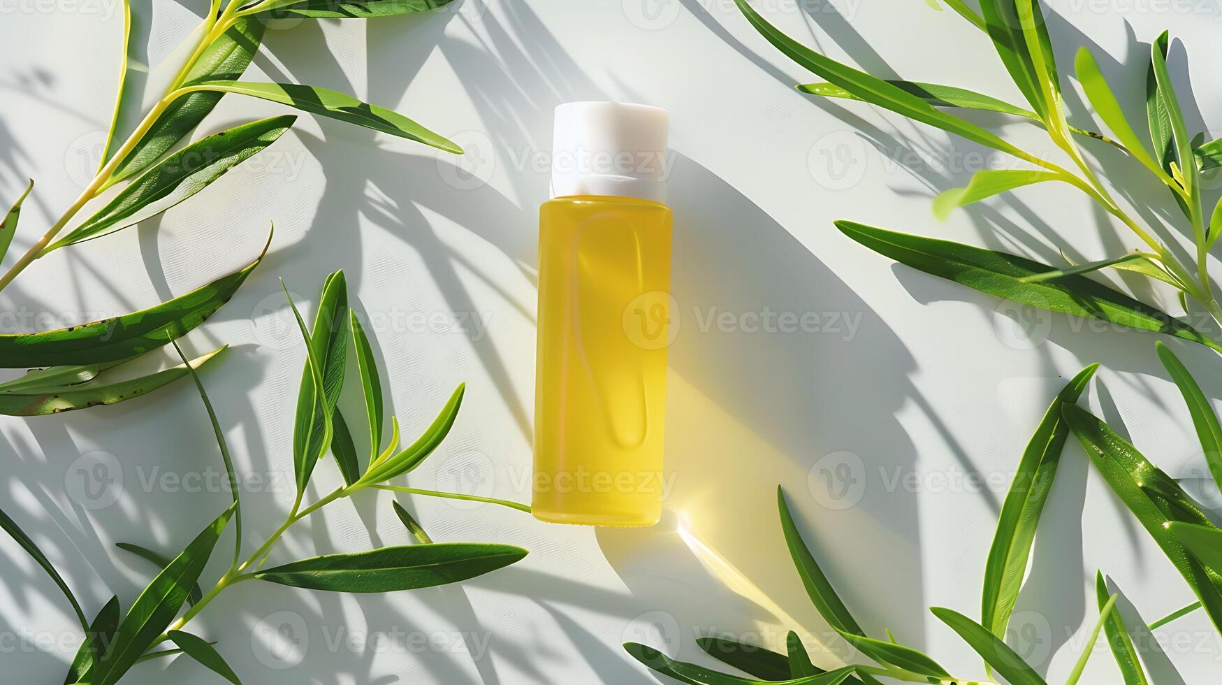 natural tea tree oil displayed with tea tree leaves on a clean white background photo