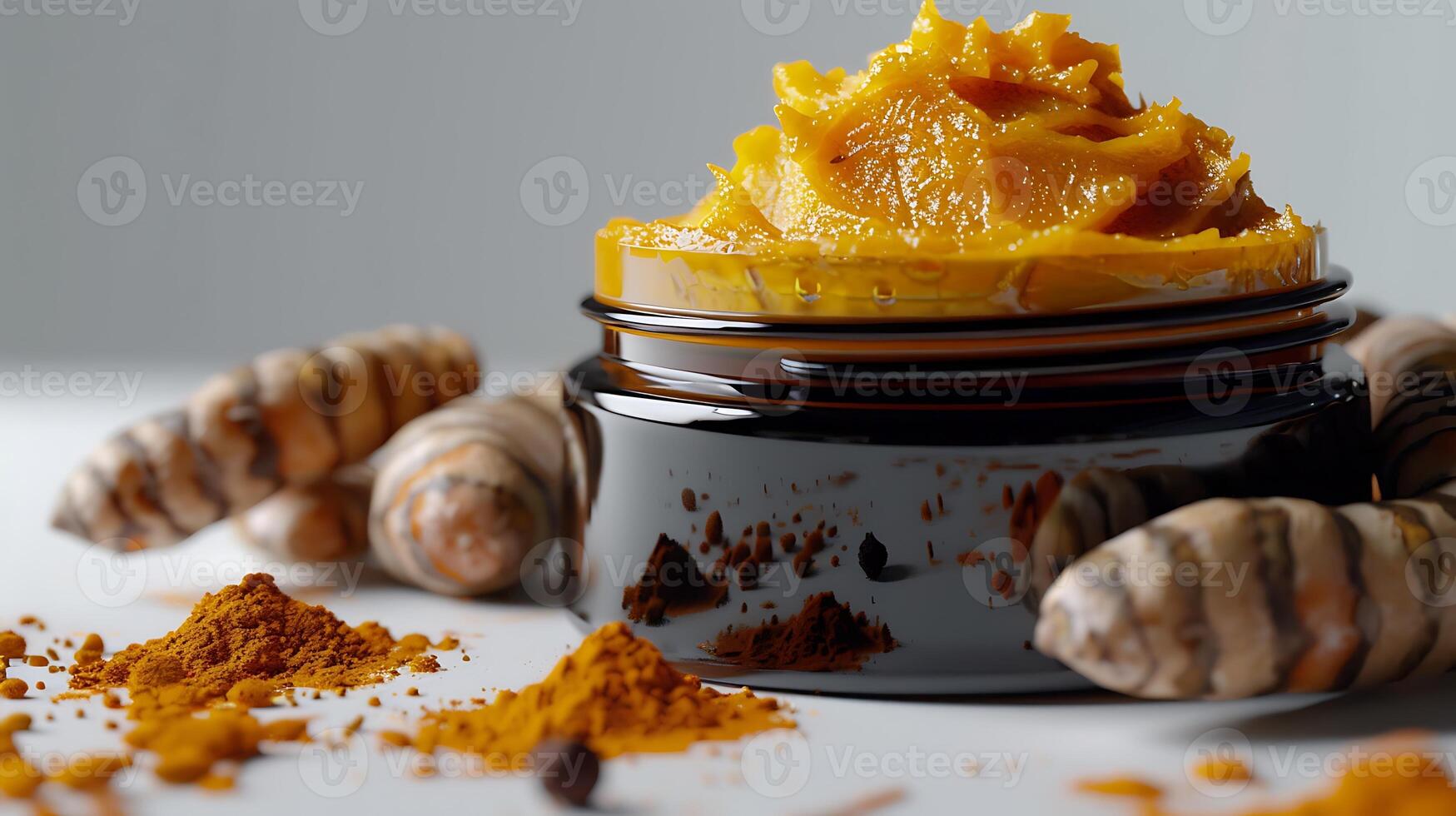 natural turmeric face mask in a container with turmeric roots on white background for skincare and beauty routine photo