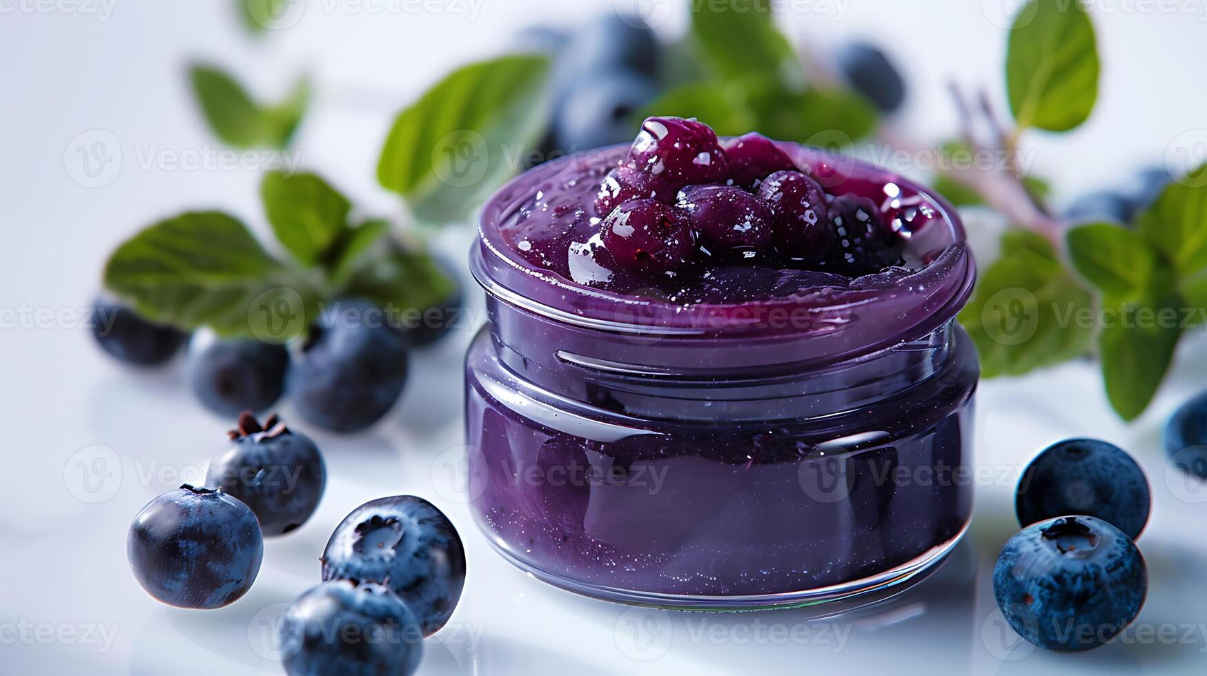 blueberry face mask in a jar with fresh blueberries on a white background is a great addition to your skincare routine. photo