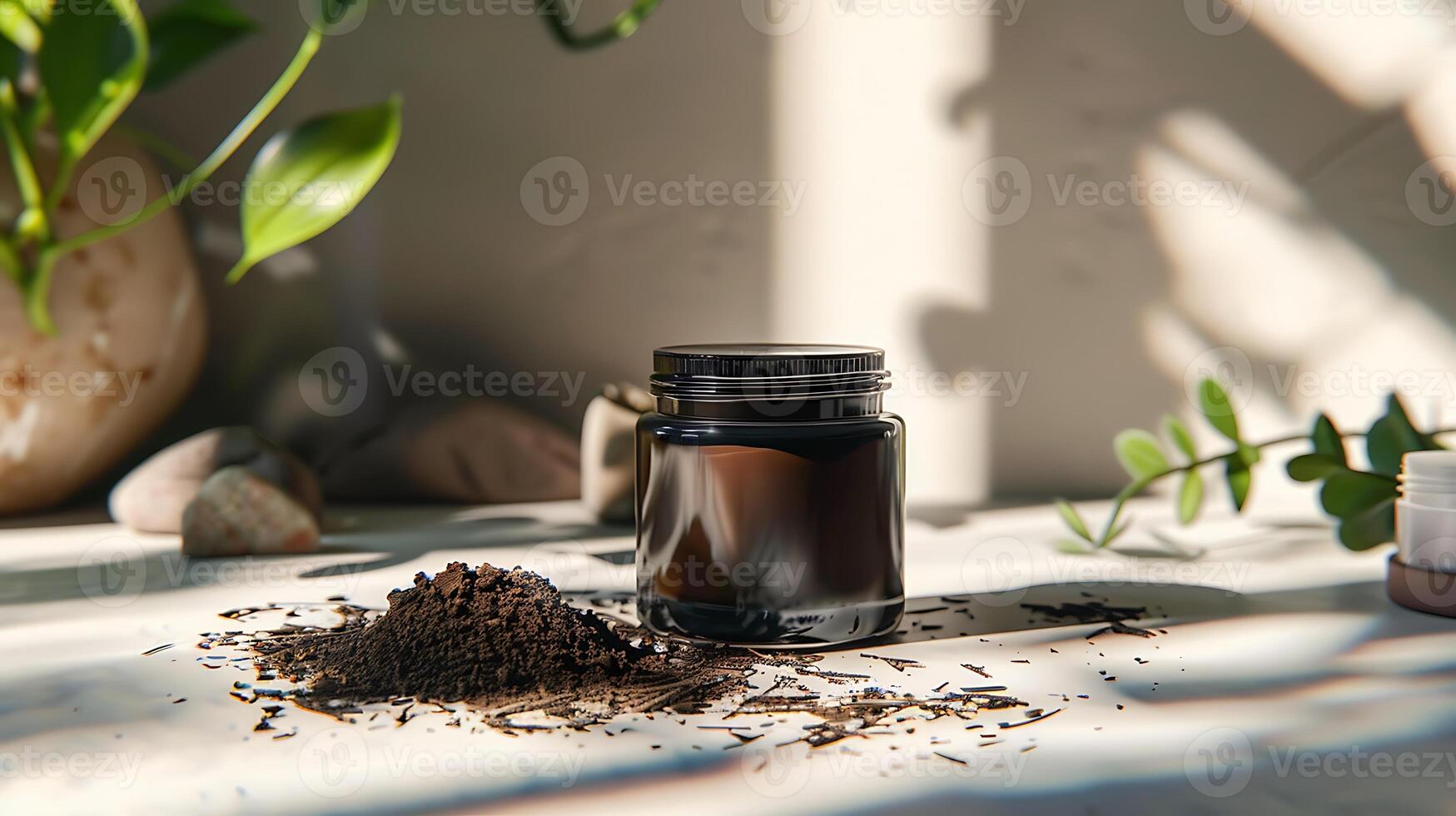 organic clay facial moisturizer with natural herbs and clay chunks in a jar on a wooden table photo