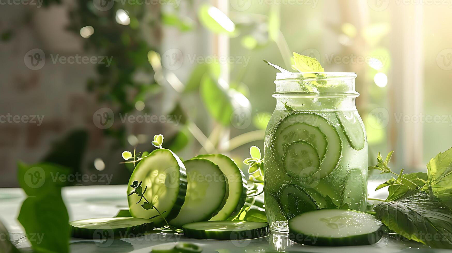 organic cucumber face mask in a glass jar with cucumber slices and leaves on a wooden table for natural skincare routine. photo