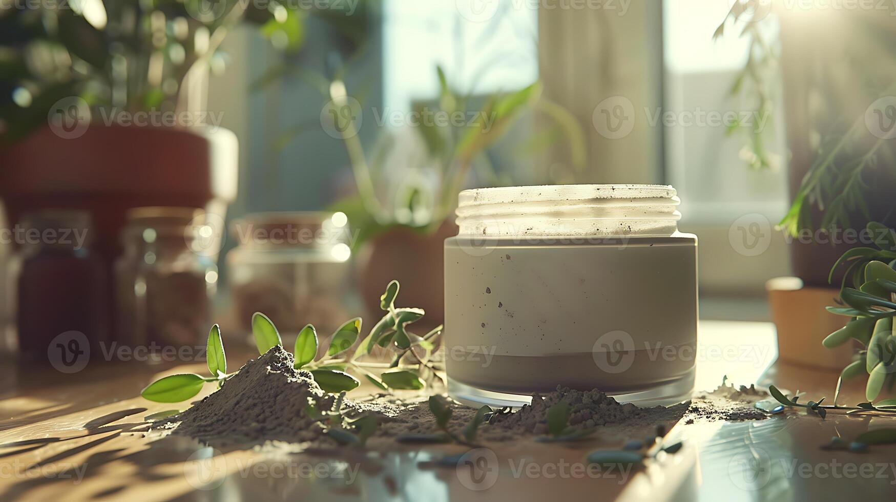 organic clay facial cleanser in a glass jar, surrounded by natural clay chunks and herbs on a wooden table. photo