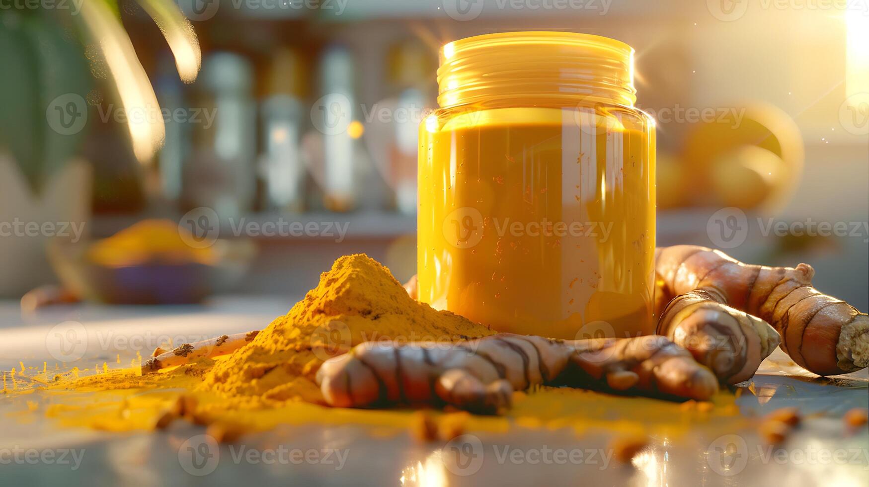 natural turmeric body lotion container with turmeric roots and powder on a wooden table photo