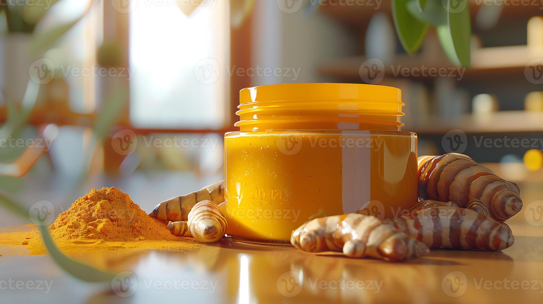 natural turmeric facial cleanser placed on a wooden table with fresh turmeric roots and vibrant turmeric powder. photo
