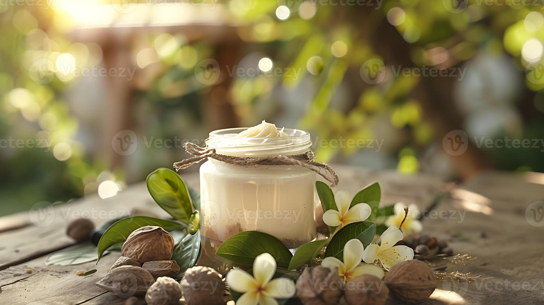 organic shea butter facial toner in a jar surrounded by shea nuts and leaves on a wooden table photo