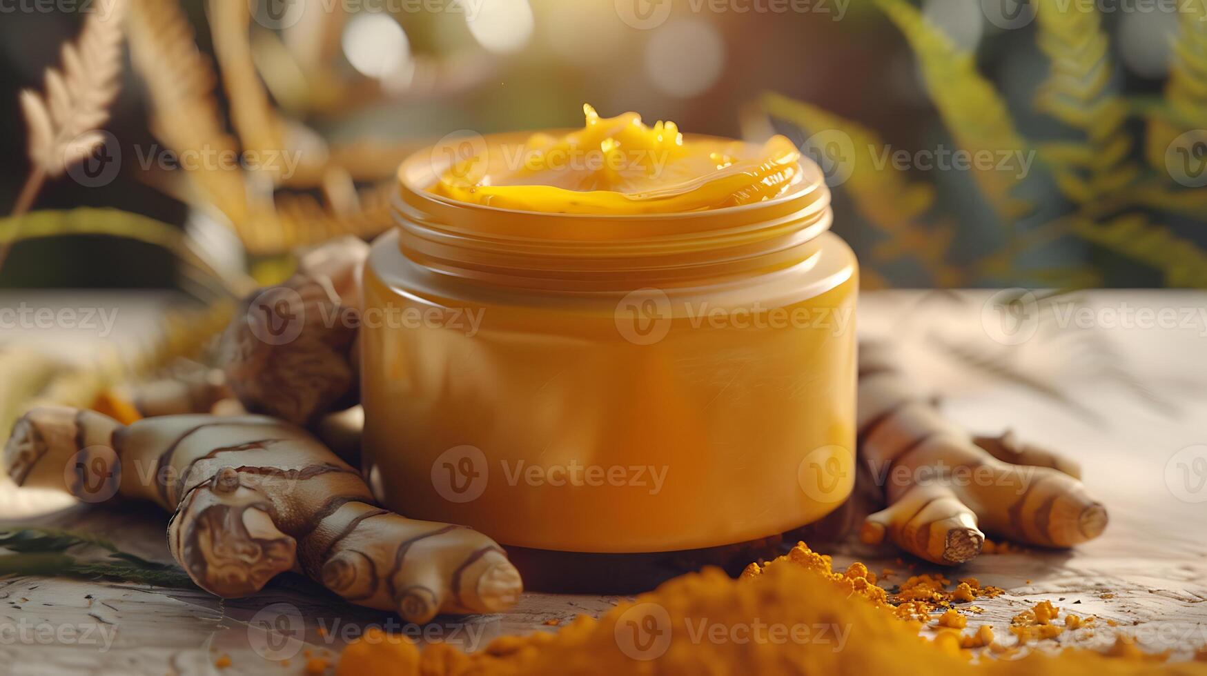 organic turmeric body cream in a container next to fresh turmeric roots and powder on a wooden table photo