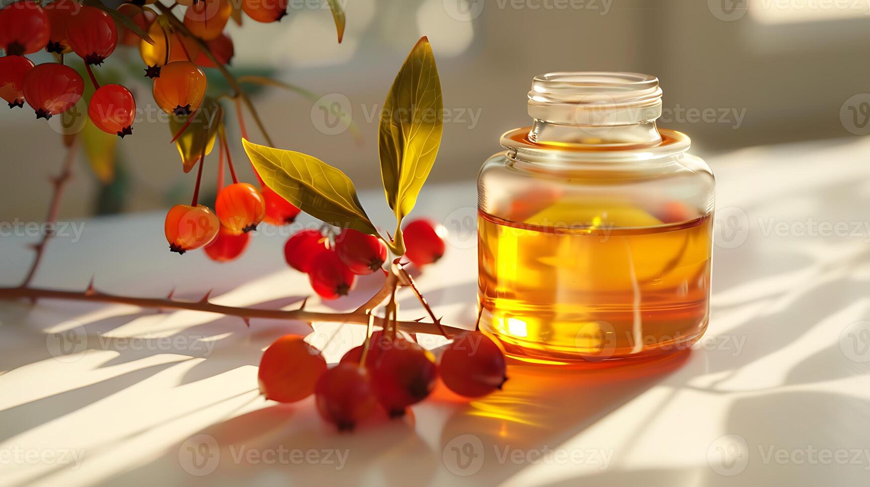 organic rosehip face oil bottle displayed on a clean white background with fresh rosehip berries for natural skincare routine photo
