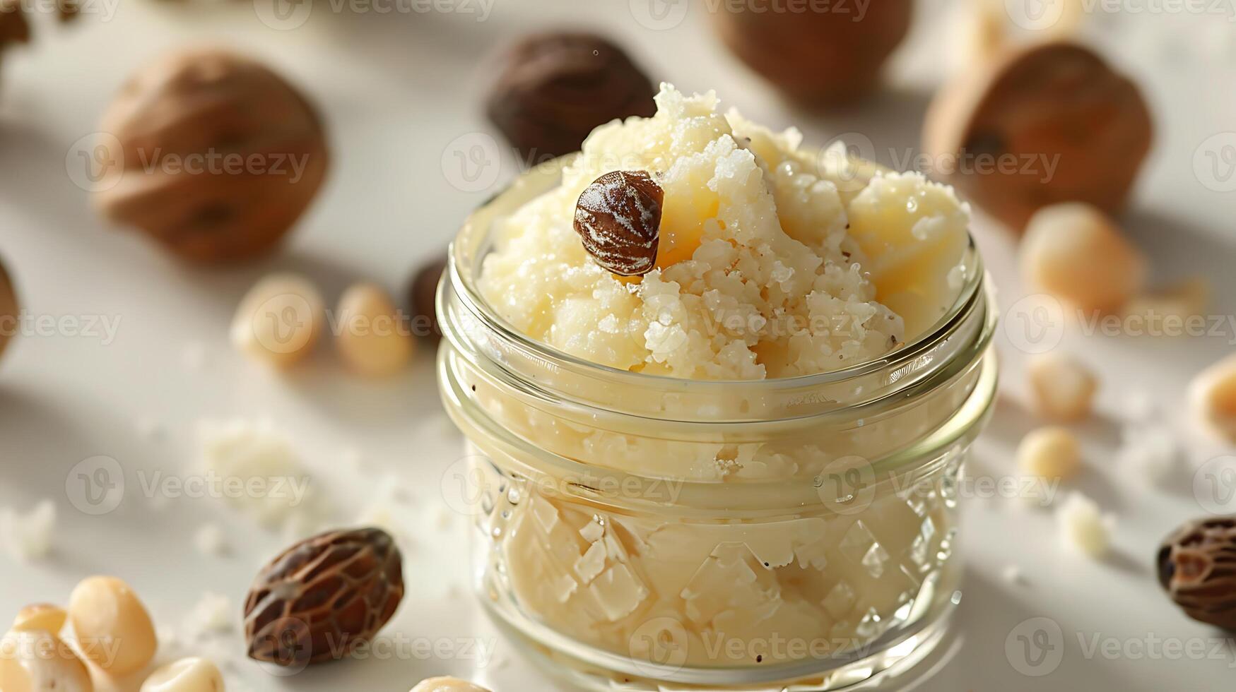 organic shea butter face scrub in a clear jar with shea nuts on a clean white background in natural lighting. photo