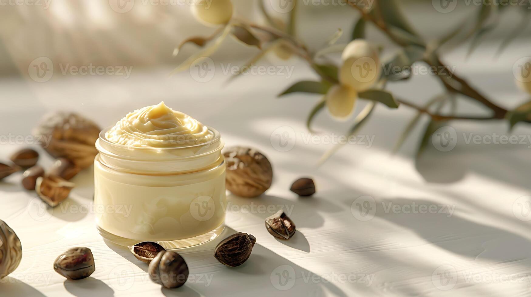 organic shea butter cream and shea nuts in a glass jar on a clean white surface photo