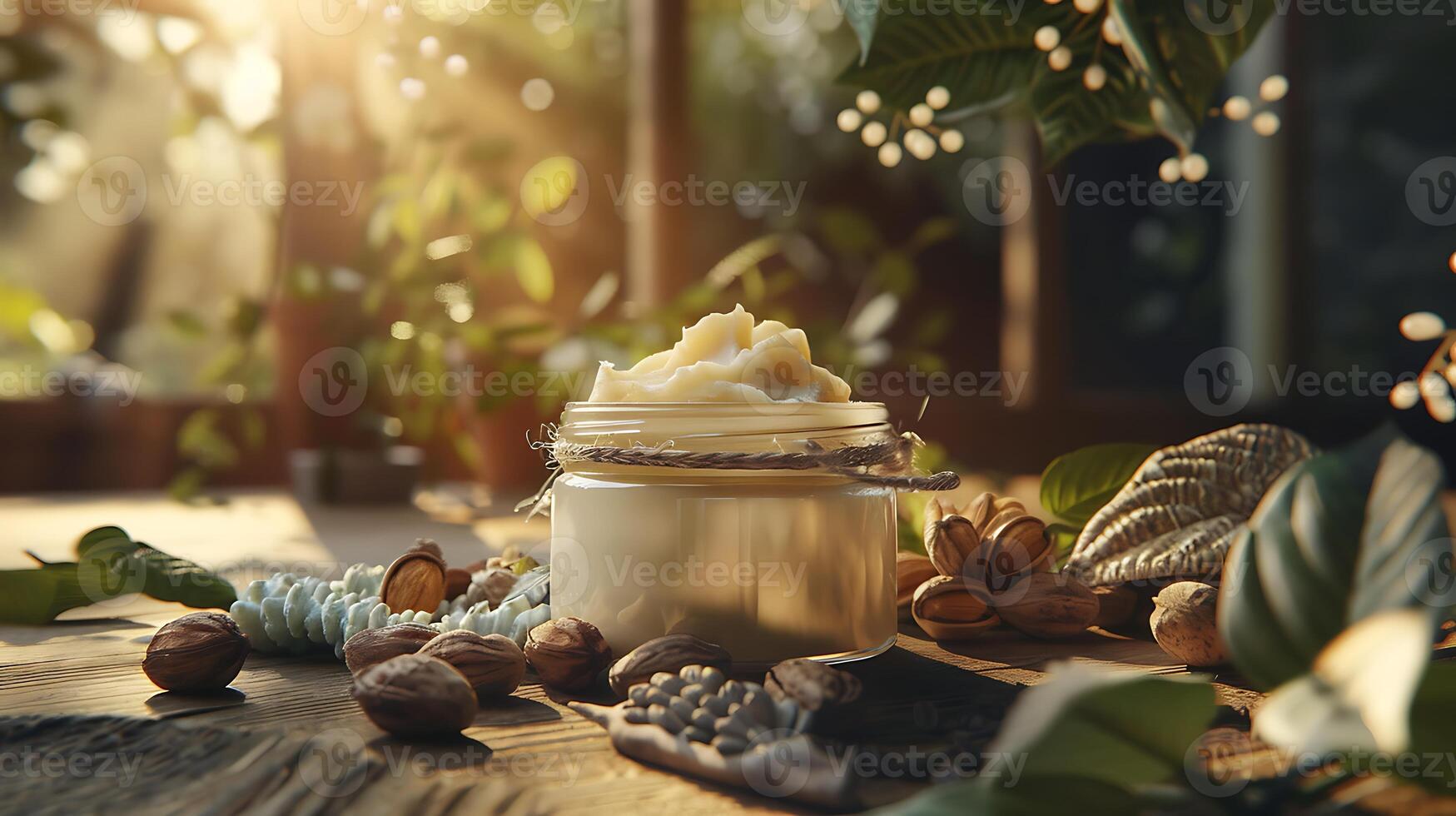 organic shea butter facial cleanser with shea nuts and leaves in a jar on a wooden table photo