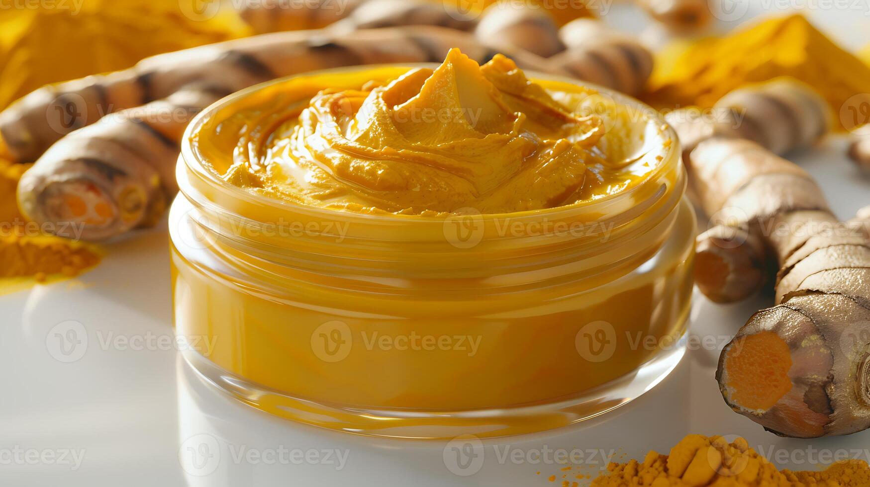 organic turmeric face cream in a container, with turmeric roots, against a clean white background photo