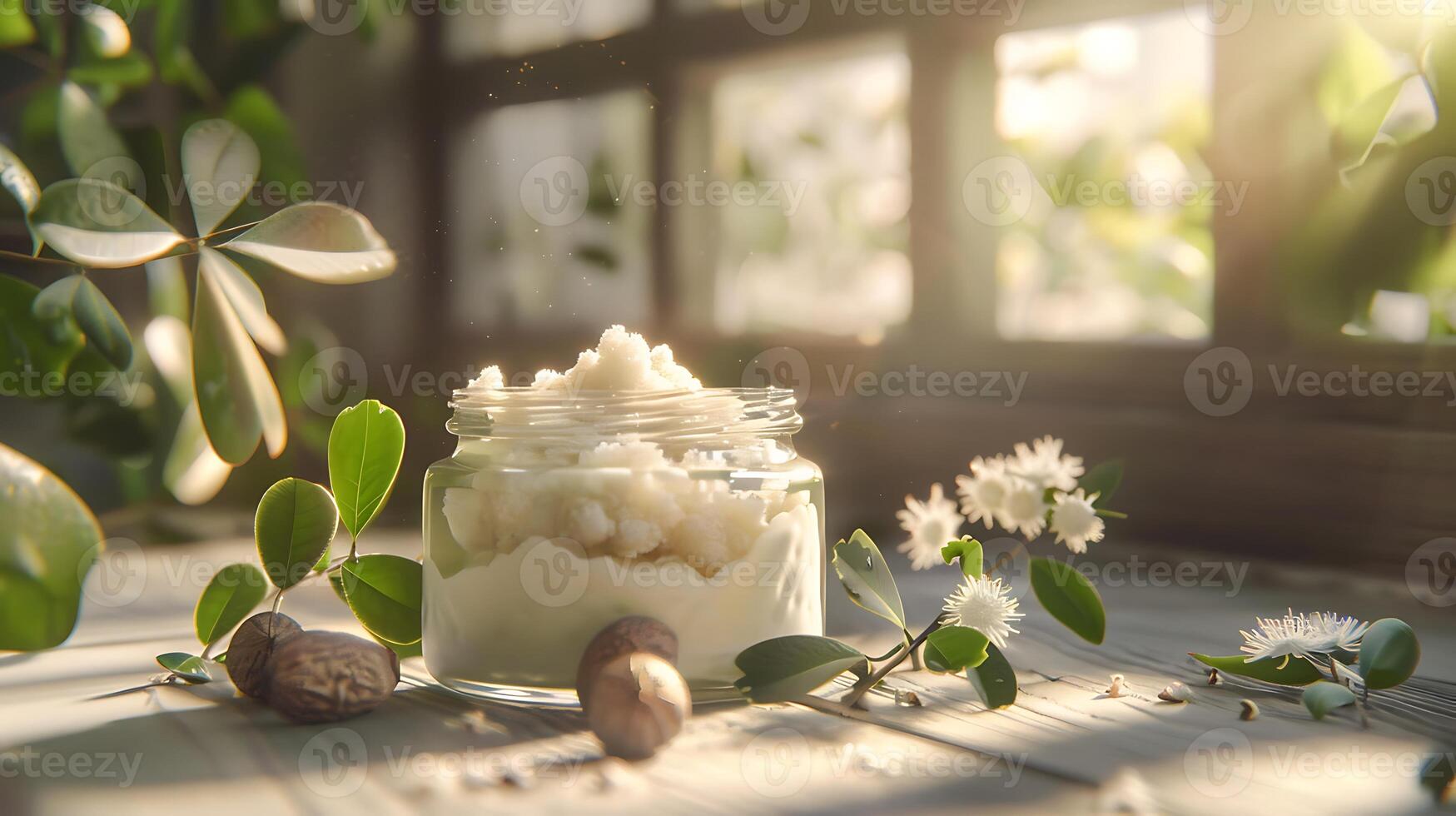 organic shea butter facial scrub in a glass jar surrounded by shea nuts and leaves on a wooden table. photo