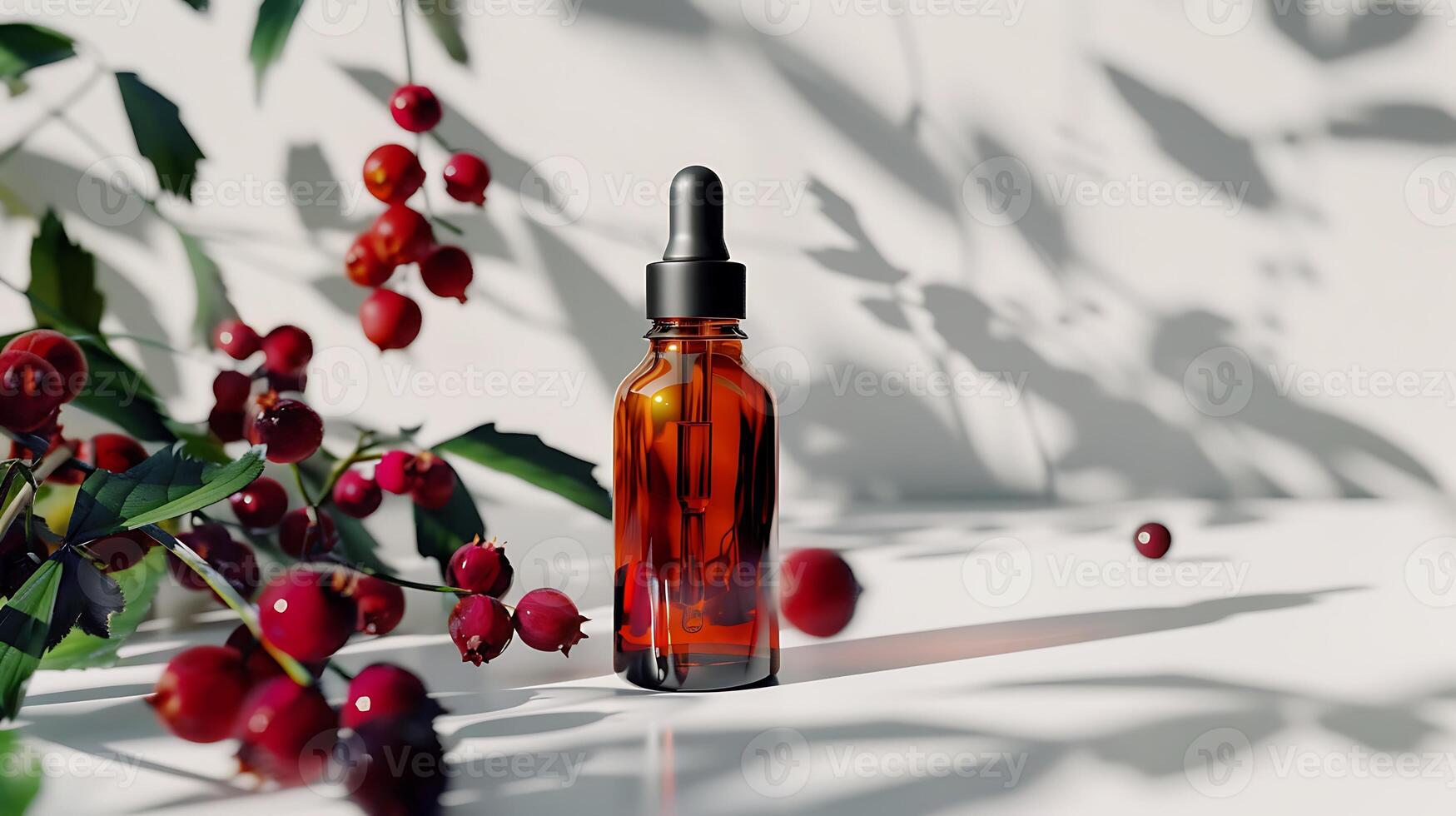 organic rosehip face oil bottle with fresh rosehip berries on a clean white background photo