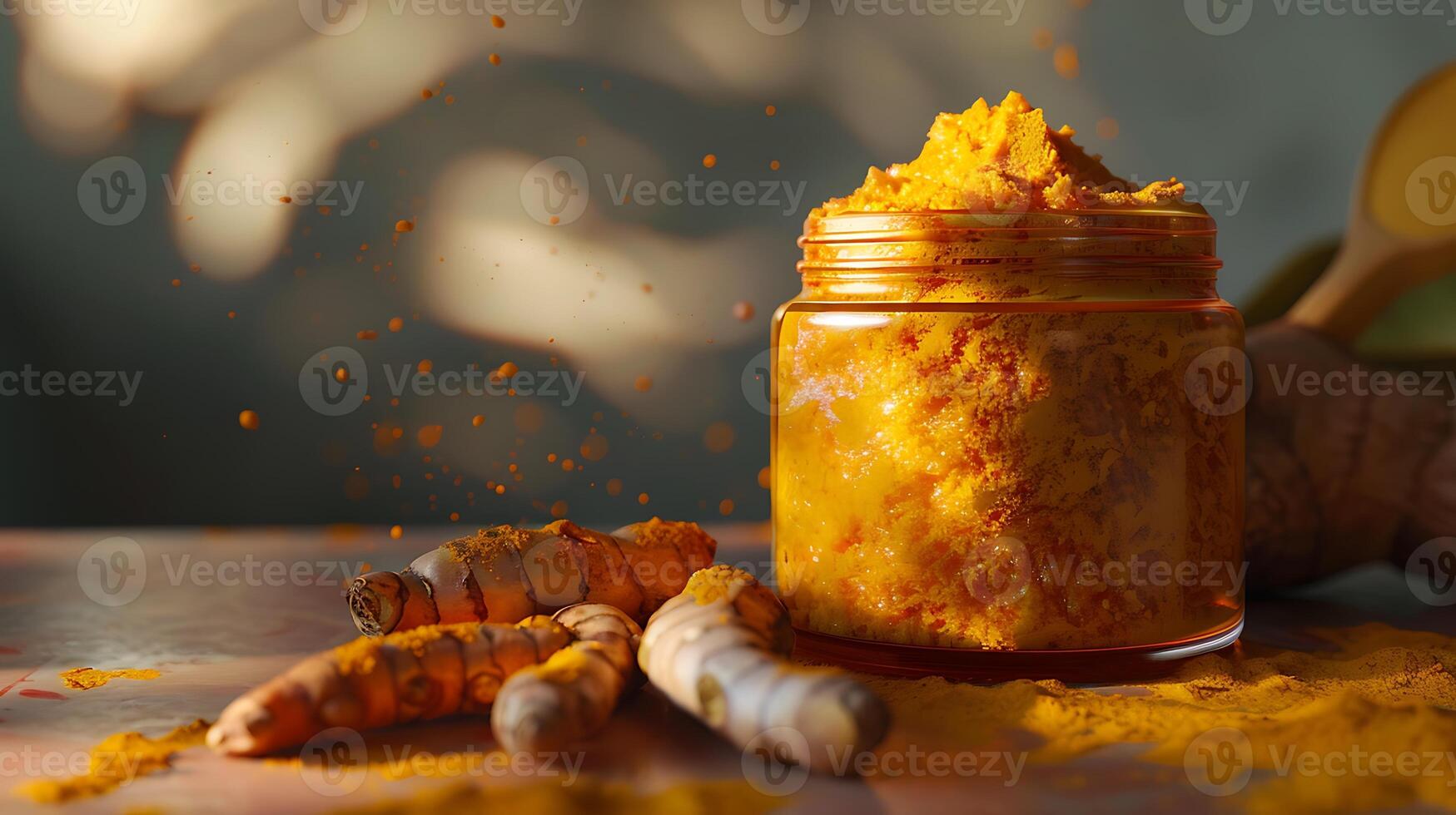 organic turmeric body scrub in a rustic container with natural turmeric roots and powder on a wooden table photo