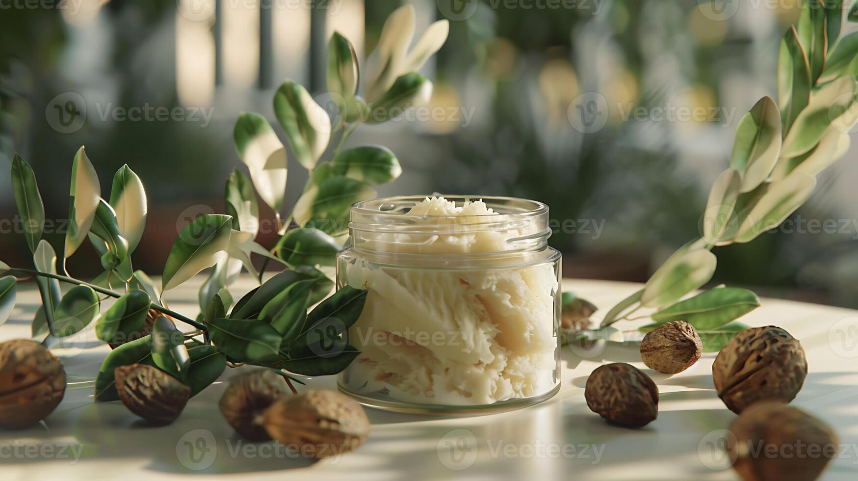 organic shea butter hair mask in a glass jar next to shea nuts and leaves on a wooden table photo