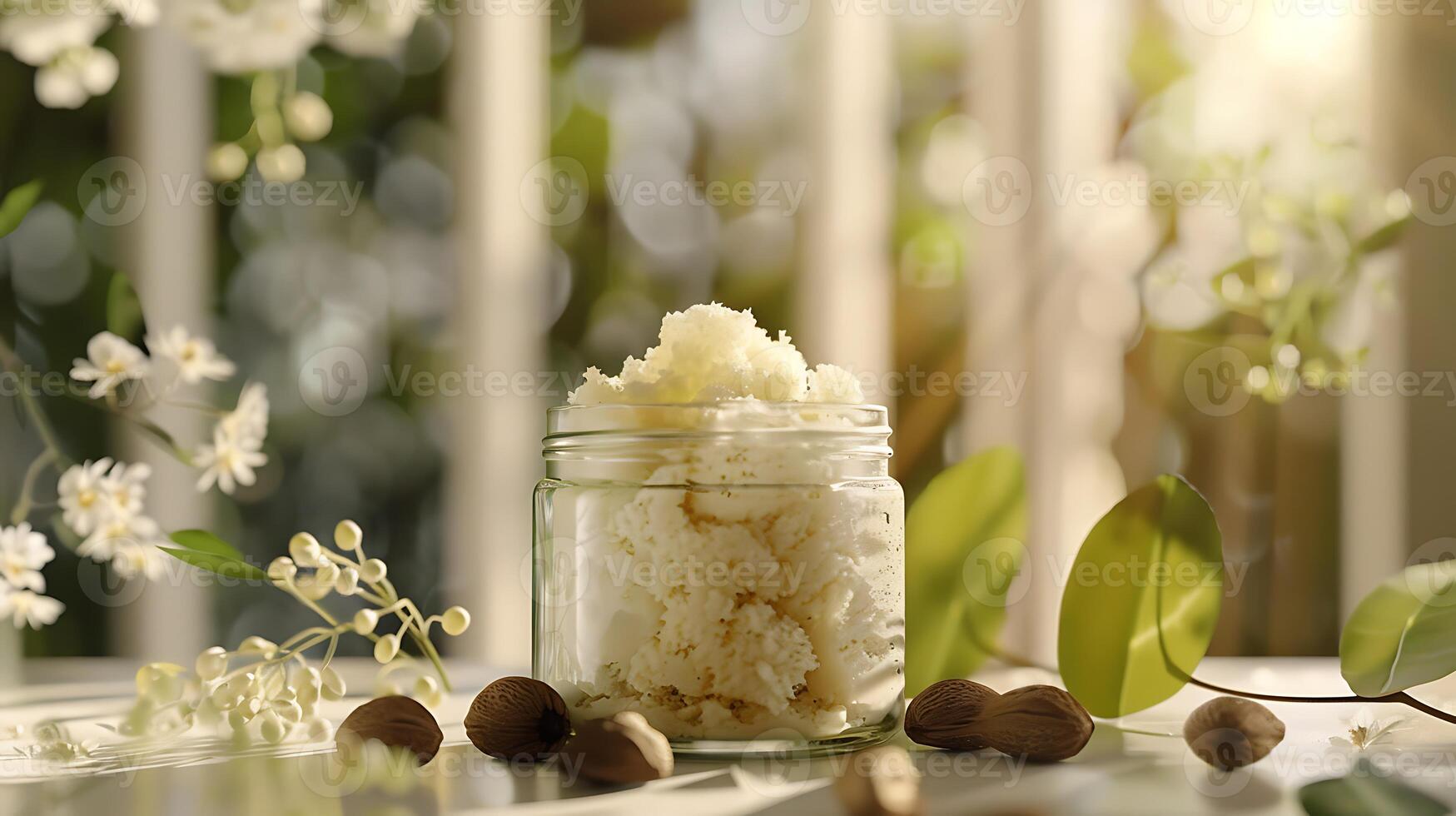 organic shea butter facial scrub jar surrounded by shea nuts and leaves on wooden table photo