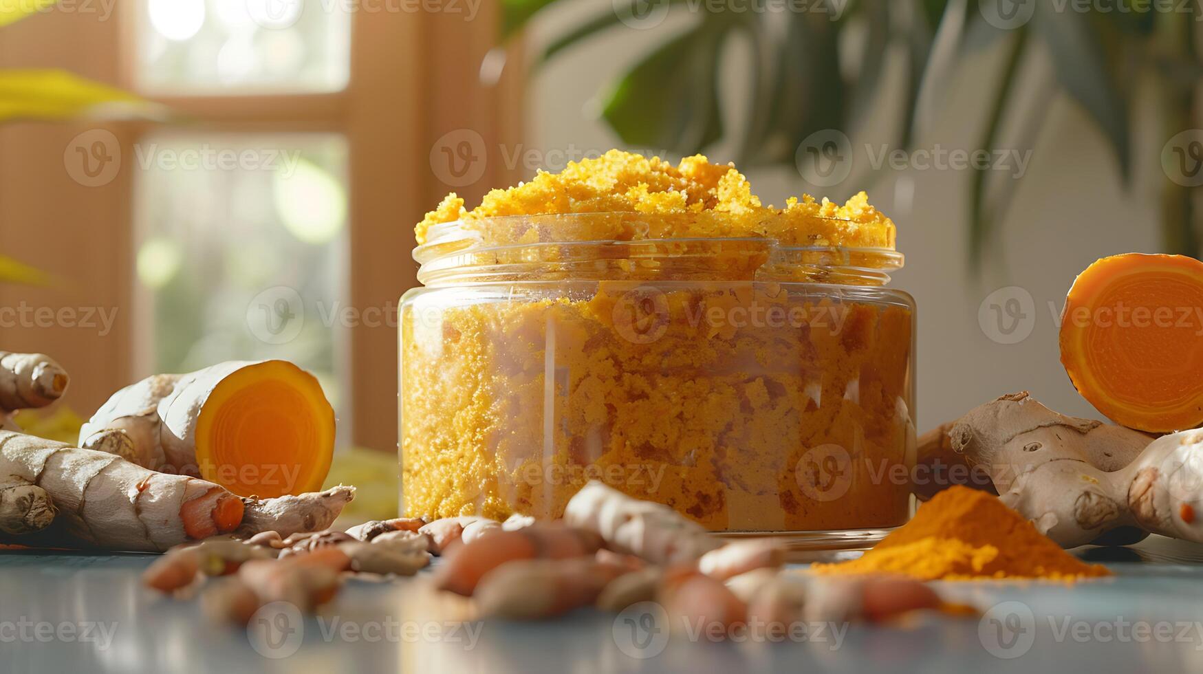 organic turmeric body scrub with fresh turmeric roots and powder on a table photo
