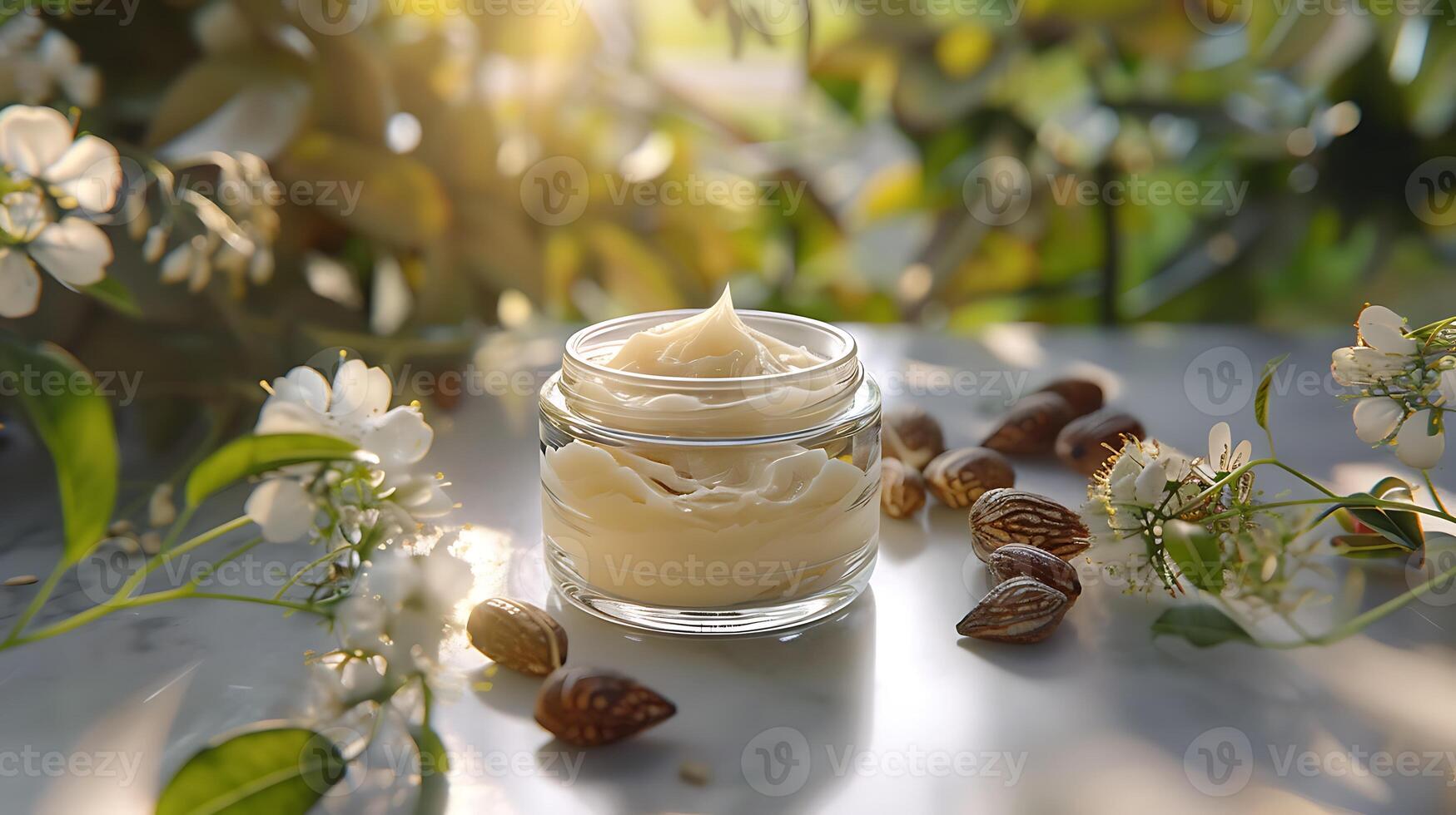 organic shea butter lotion with shea nuts and leaves displayed on a wooden table photo