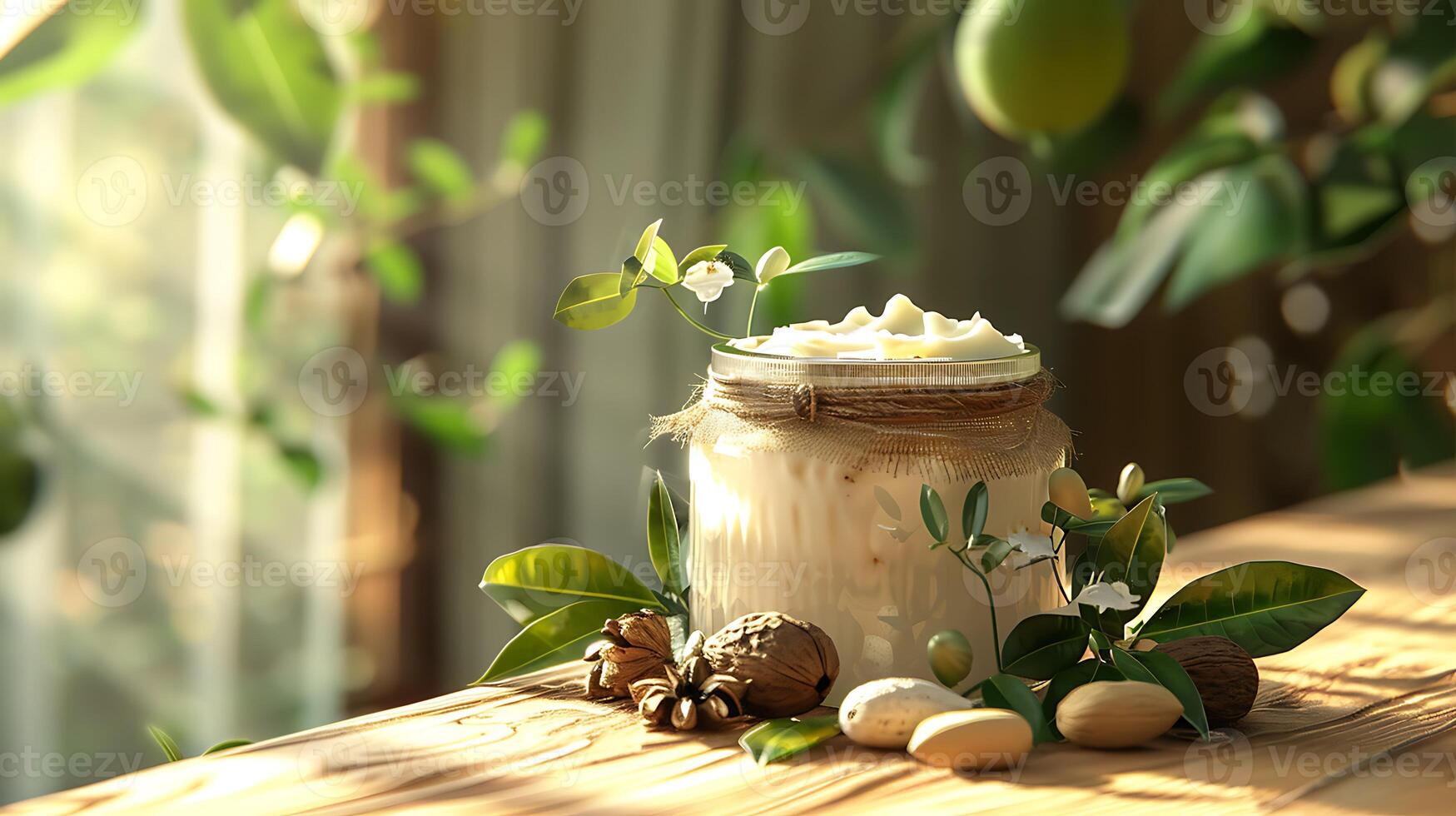 organic shea butter facial toner in a glass jar surrounded by shea nuts and leaves on a wooden table. photo