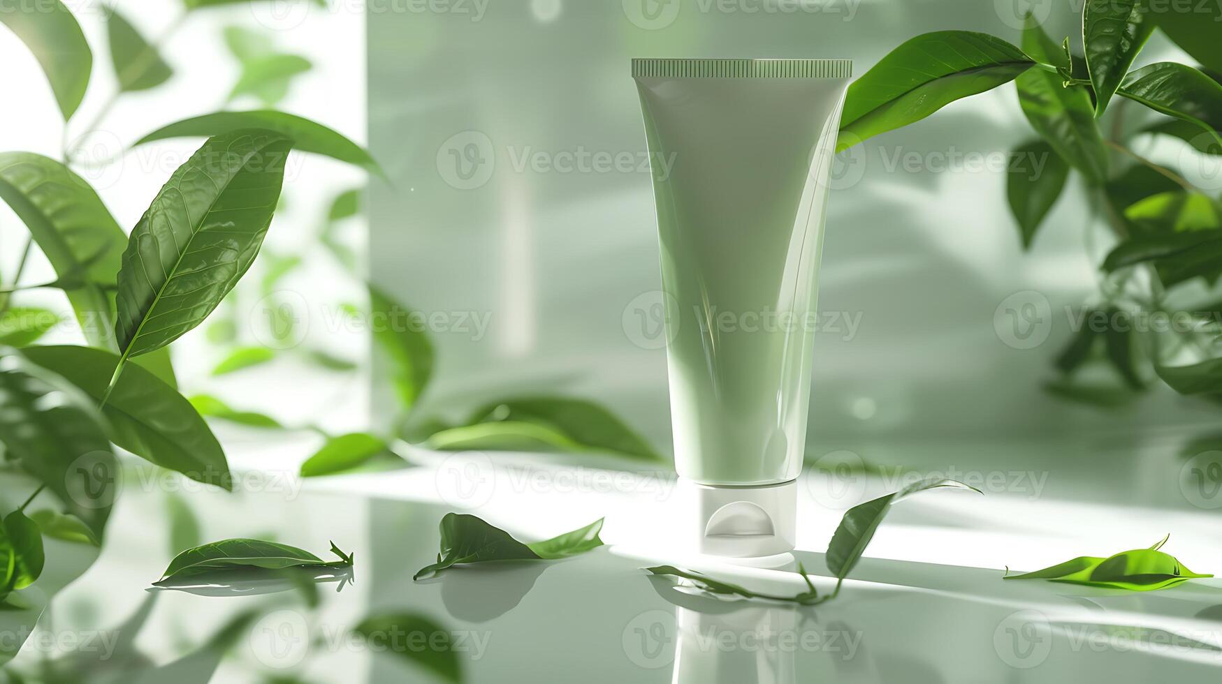 organic green tea face mask in tube packaging with fresh green tea leaves on white background photo