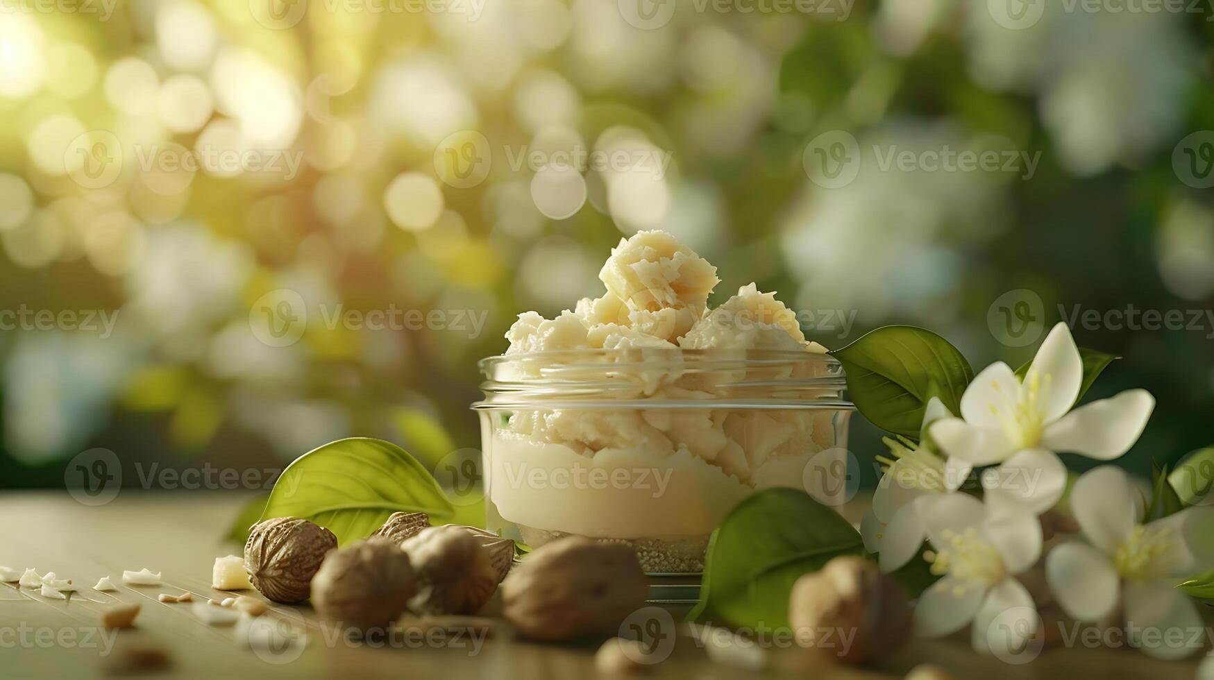 organic shea butter facial scrub in a glass jar, accompanied by shea nuts and leaves, displayed on a wooden table photo