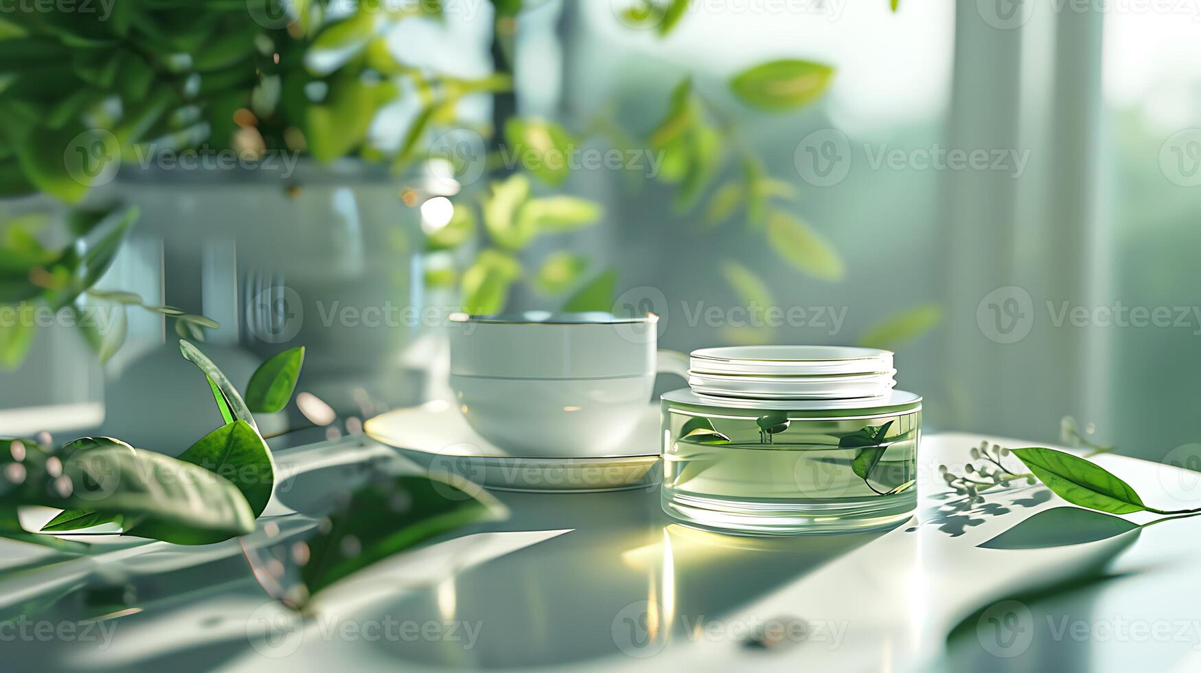organic green tea face wash in a container displayed next to fresh green tea leaves and a cup of steaming tea on a wooden table photo