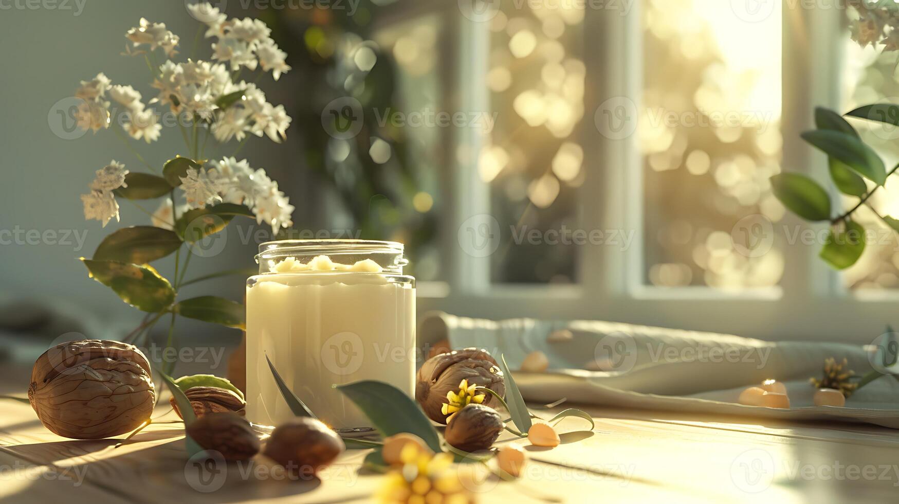 organic shea butter lotion displayed with shea nuts and leaves in a rustic setting photo