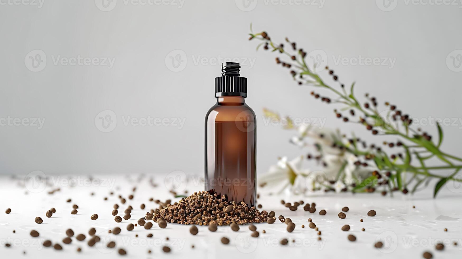 organic jojoba face scrub bottle showcased on a clean white backdrop with exfoliating jojoba seeds skincare beauty product for natural glowing skin. photo